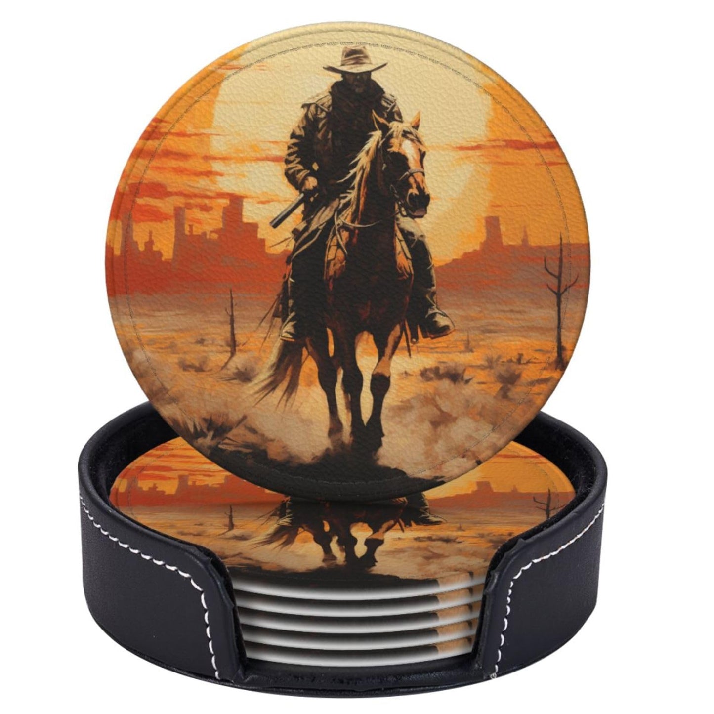 Famame 6 Pcs West Desert Cowboy Sunset Leather Coasters for Drinks with Holder Coaster Sets Drink Table Cup Coasters for Living Room Kitchen Coffee Decor