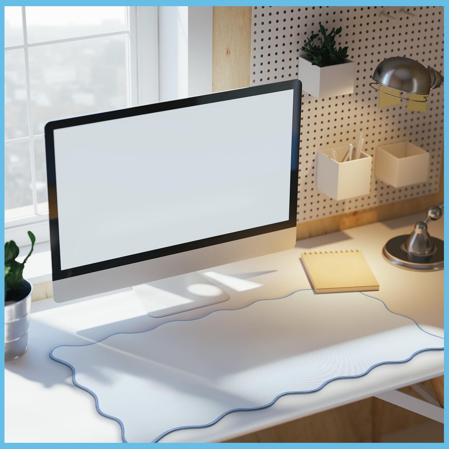 Hahafelt Scalloped Desk Mat Large Scalloped Piping Cute Desk Mat Aesthetic Preppy Table Pad Large Nonslip Pad with Edge Stitching Waterproof Gaming(Blue,31.5 x 15.75 Inches)