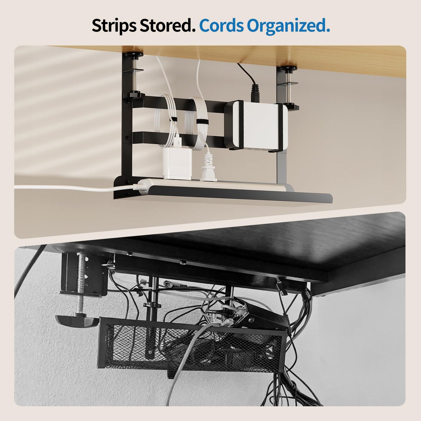 YECAYE Under Desk Cable Management Tray, No Drill Clamp Mount Metal Cable Management Tray with Desk Protection Pads, Under Desk Organizer Easy Installation with Hook & Loop Straps for Home Office