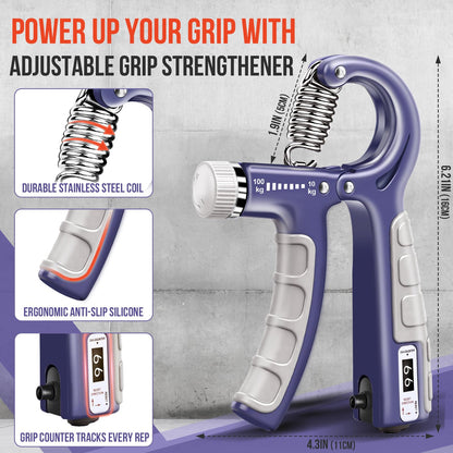 TEAWOO 10-Pack Grip Strength Trainer Kit, Adjustable Forearm Strengthener, 3 Colors Hand Grip Strengthener Balls, Finger Exerciser & Stretcher for Strength Training, Recovery & Flexibility