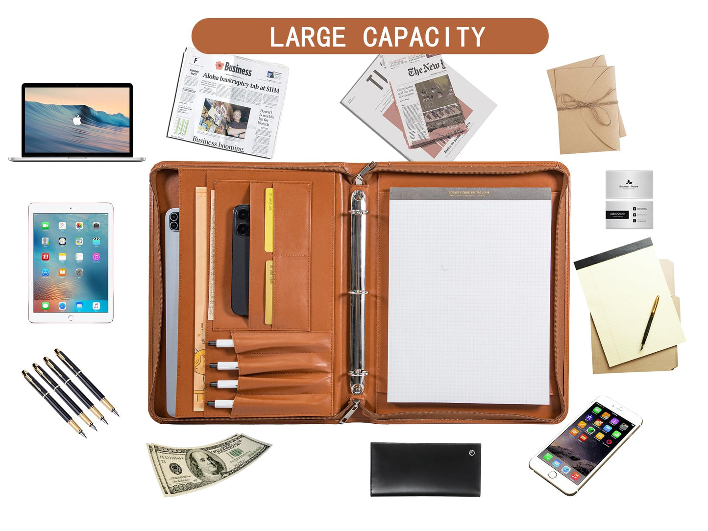 AZXCG Zipper Portfolio Padfolio Binder,3 Ring Padfolio for Women and Men,Business Portfolio Organizer for Women with A4 Writing Pad Holder,Business Portfolio for Meeting,Gift for Valentine's Day