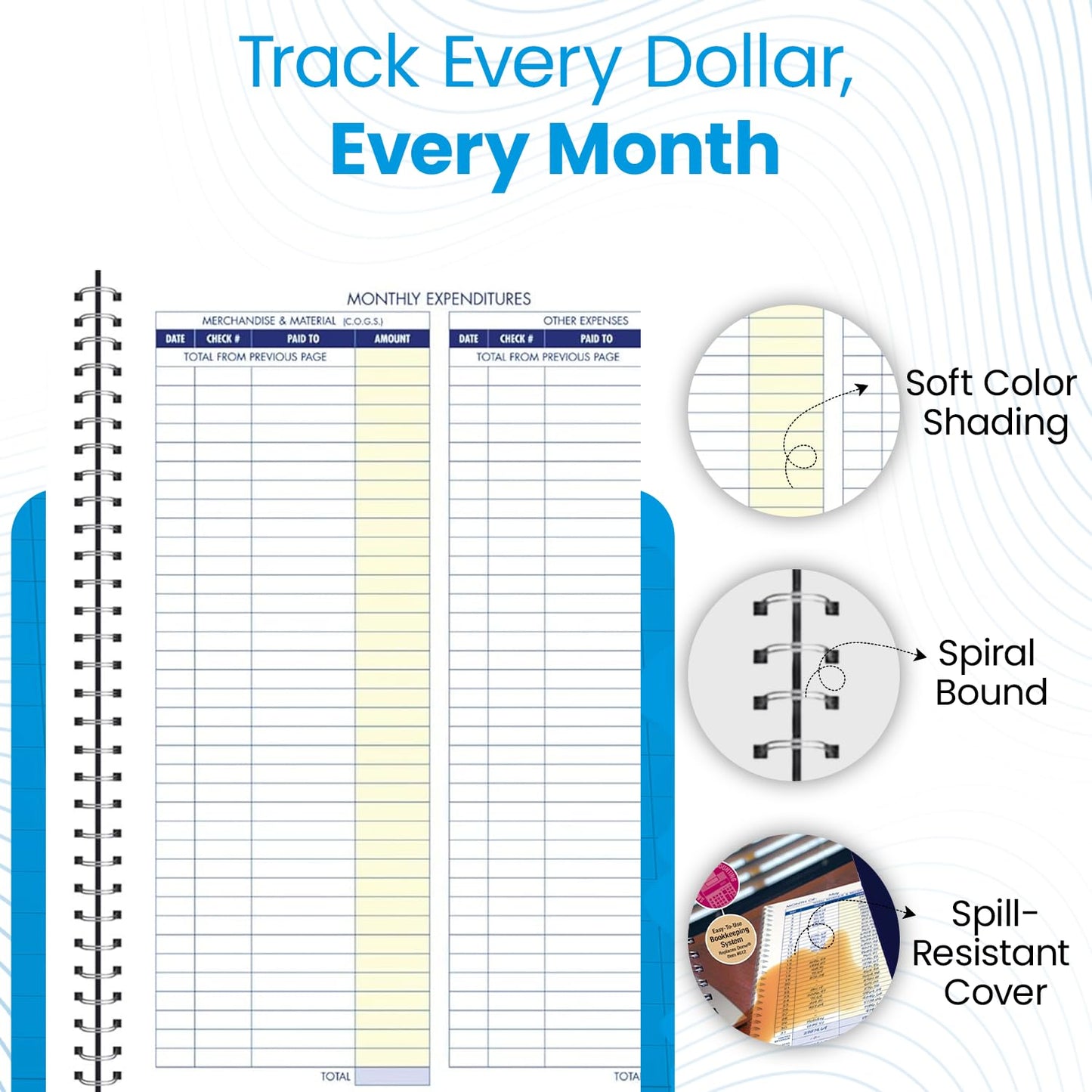 Adams Monthly Bookkeeping Record Book - 8.5" x 11" Spiral Bound 4 Column Ledger 128 Pages - Undated Accounting Ledger Book for Small Business, Payroll, Budget Tracking - Durable Poly Cover - 1 Unit