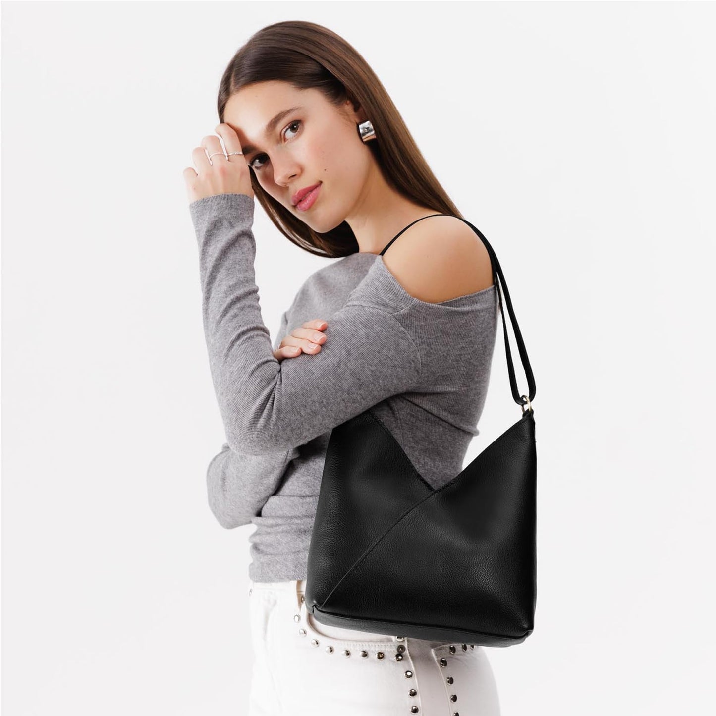 Portland Leather Goods Naomi Shoulder Bag – Slouchy Leather Shoulder Bag with Adjustable Crossbody Strap & Secure Magnetic Closure – Handmade from the Finest Full-Grain Hides – Small, Pebbled Black