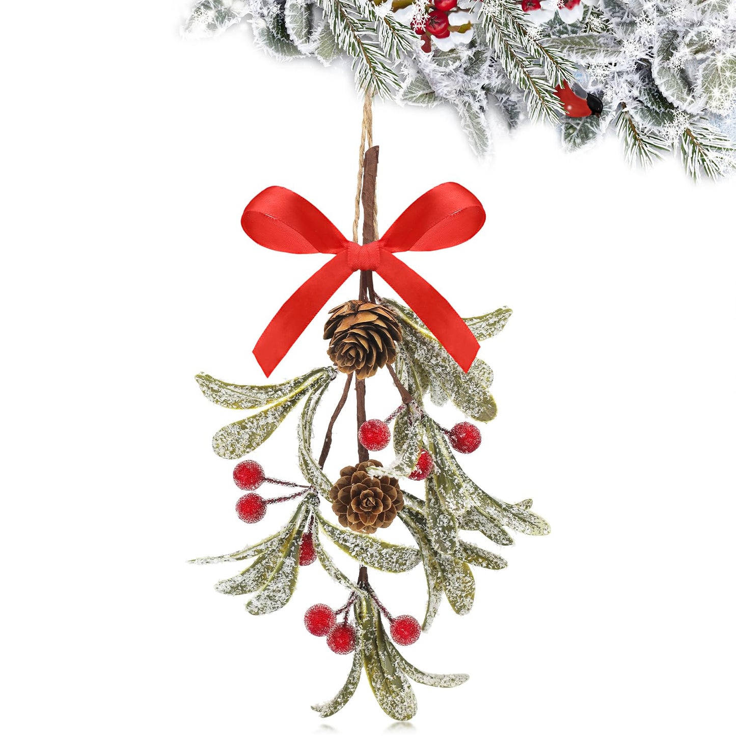 Giegxin 1 Piece Christmas Artificial Mistletoe Ornament with Bow Christmas Hanging Mistletoe Decoration Bouquet Floral Natural Pine Cones Holiday Decor Ornament Bouquet (Stylish Style,Red)