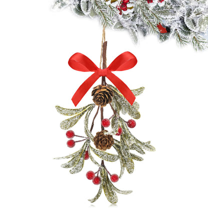 Giegxin 1 Piece Christmas Artificial Mistletoe Ornament with Bow Christmas Hanging Mistletoe Decoration Bouquet Floral Natural Pine Cones Holiday Decor Ornament Bouquet (Stylish Style,Red)