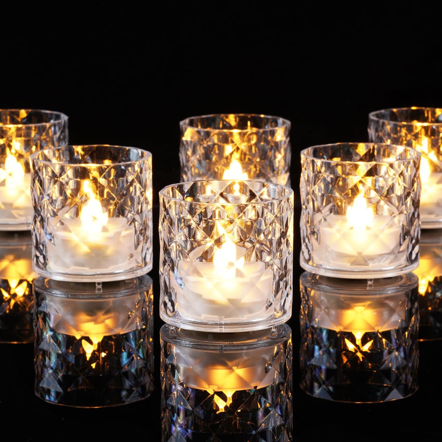 Homemory 2" x 2" Acrylic Votive Candle Holders with Auto Timer Flameless Led Tealight, Battery Powered Fake Electric Candles for Wedding Centerpiece, Table, Christmas Decor (6Pack, Clear Base)