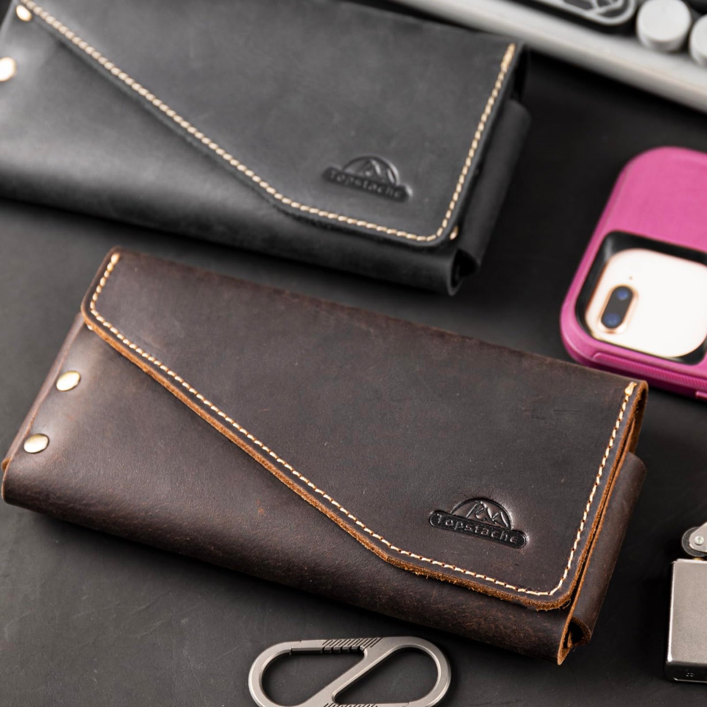 Topstache Leather Phone Holster for iPhone 17/16/15 Pro Max, Galaxy S25/S24 Ultra - Belt Loop Cell Phone Case - Leather Card Holder Wallet Belt Pouch - Fit Protective Case on, XL,Darkbrown