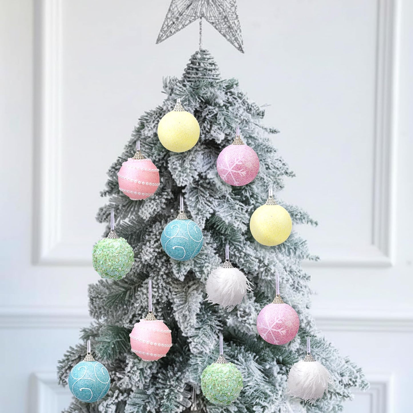 Syhood 12 Pcs 2.4 Inch Pastel Winter Tree Ornament Pink Yellow Blue Shatterproof Xmas Ornament Glitter Foam Winter Balls Tree Decoration for Home Xmas Holiday Candyland Party Centerpiece