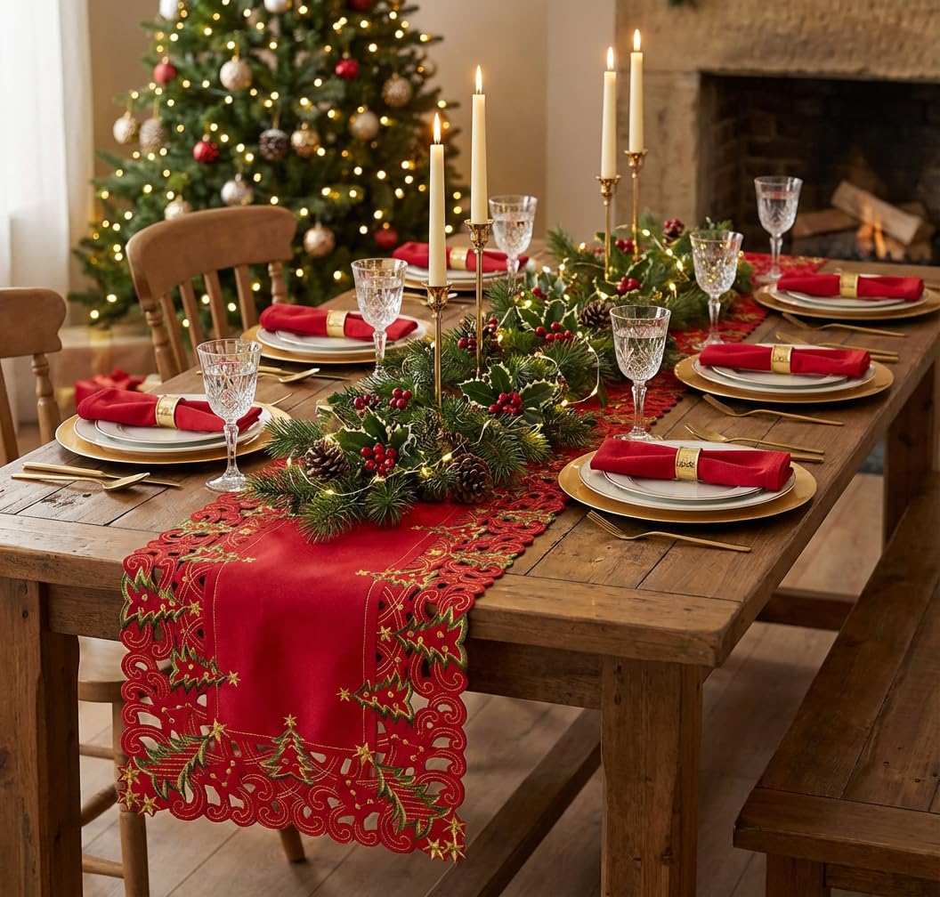 SHANGRLA Red Christmas Tree Table Runner 72 Inches Long – Embroidered Lace Tablerunner with Xmas Tree Design, Elegant Festive Dining Room Table Decor, Holiday Table Linen Centerpiece