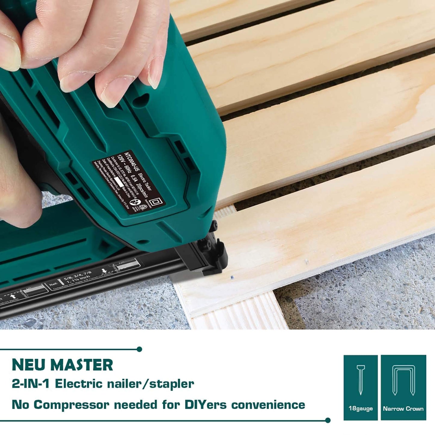 Electric Brad Nailer, NEU MASTER NTC0040 Electric Nail Gun/Staple Gun for Upholstery, Carpentry and Woodworking Projects, 3/4'' Narrow Crown Staples 200pcs and Nails 800pcs Included (Renewed)