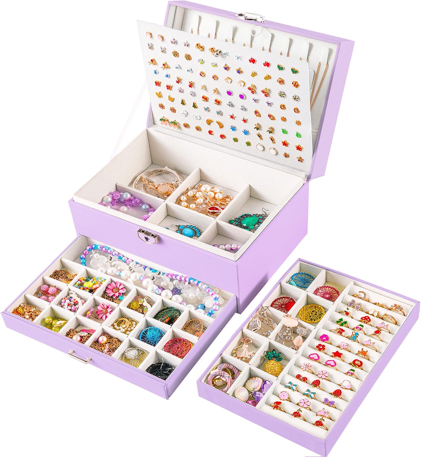 QBestry Earrings Jewelry Box for Girls, 5 Layers Jewelry Organizer with Earring Holder Organizer for Girls Earring Organizer Jewelry Boxes for Women Earrings and Necklaces Jewelry Box Organizer Violet