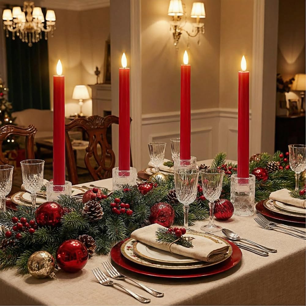 Simplelight Red Flameless Taper Candles with Timer, 9 Inch, Pack of 4