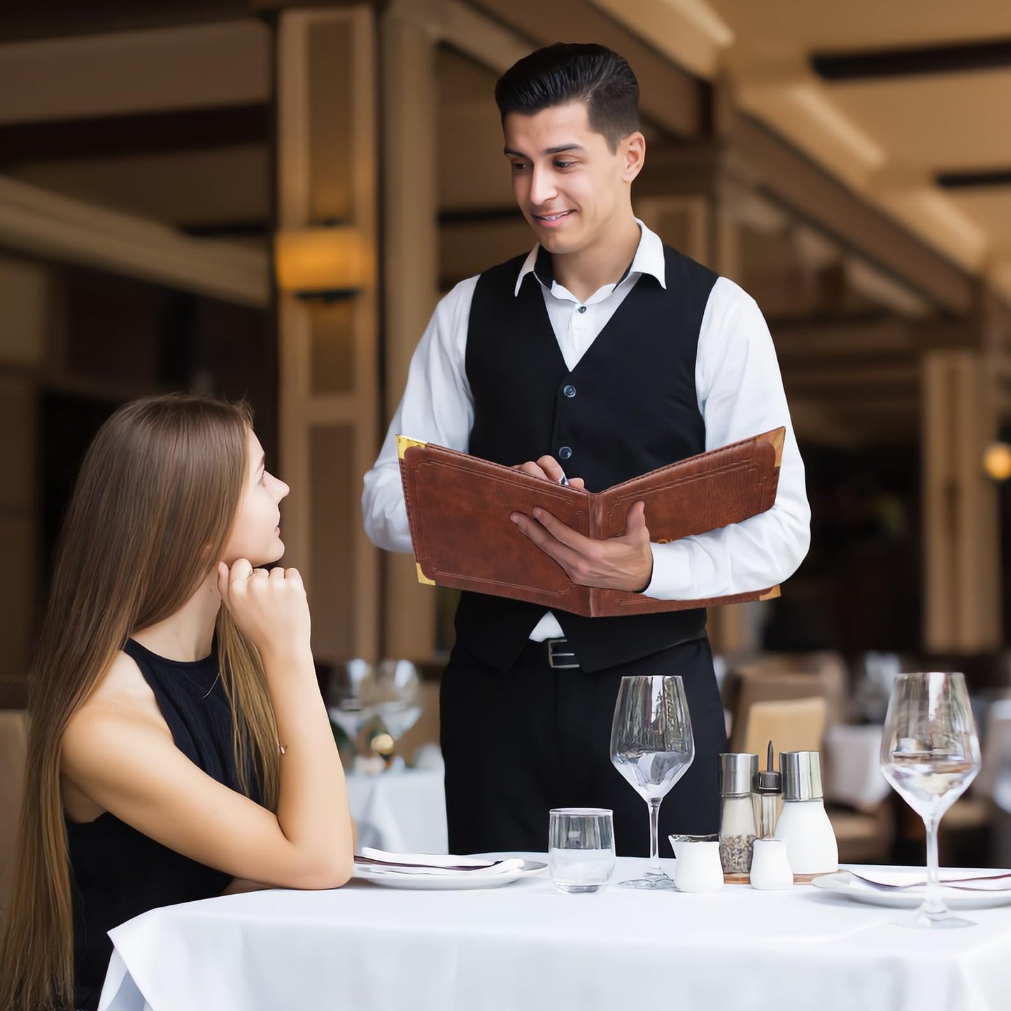 Premium Brown Faux Leather Menu Covers - Set of 2, 7-Page 14-View Restaurant Menu Holders, 8.5x11 Inch with Replaceable Sheets & Metal Corners for Cafes, Hotels