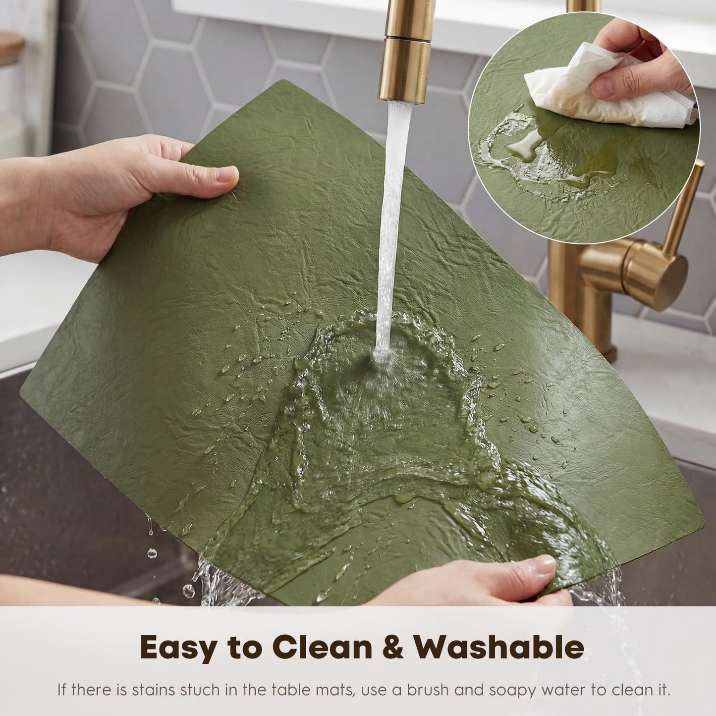 Artoid Mode Olive Green Faux Leather Placemats Set of 6, 12x18 Inch Waterproof Wipeable Heat Resistant Vinyl Place Mats, Reversible Table Mats for Kitchen Dining Decor