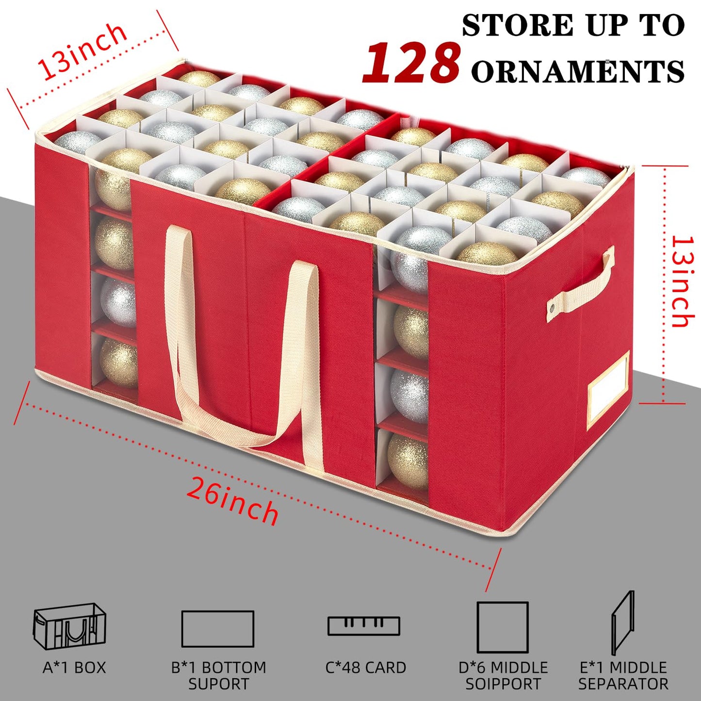 JY COOKMENT Christmas Ornament Storage Box with Adjustable Dividers, Large Holiday Ornaments Storage Container Bin with Zippered Top for Xmas Decorations (128-3" Balls, Red, Without Tray)