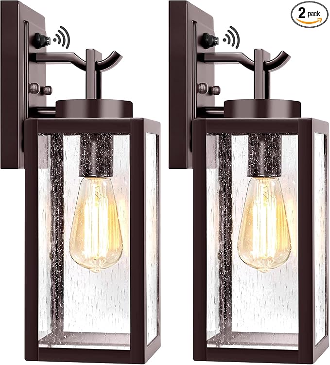2-Pack 14'' Dusk to Dawn Outdoor Wall Light Fixtures, Oil Rubbed Bronze Exterior Lighting Fixtures Wall Mounted with Seeded Glass, Waterproof Porch Lights Outside Lanterns for House Front Garage