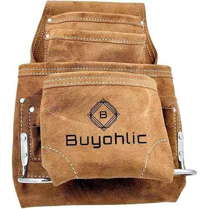 Buyohlic Heavy-Duty Suede Carpenter's Tool & Nail Bag ? 10-Pocket Construction Pouch, Dark Tan