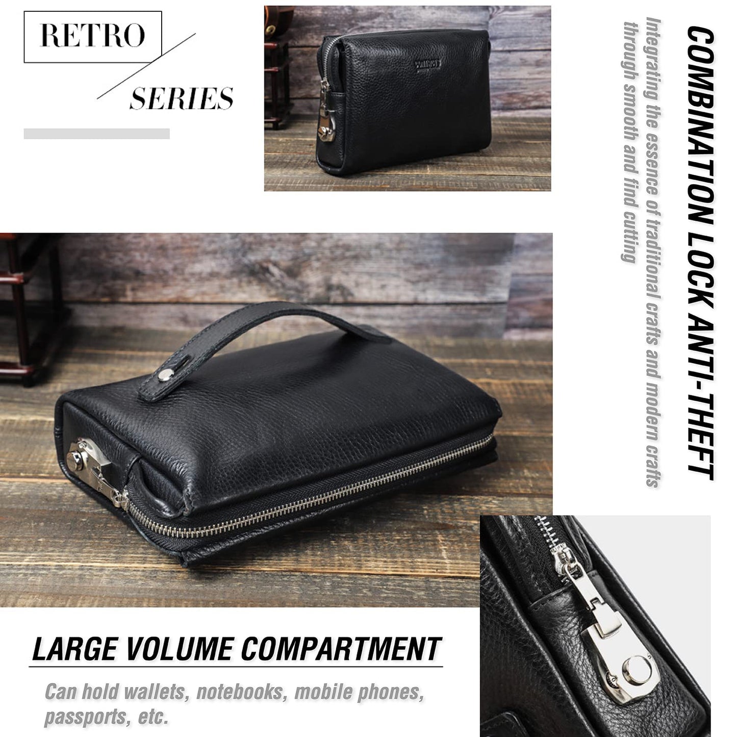Top Grain Genuine Leather Handbag Wallet for Man & Woman, Handmade Retro Design, Combination Lock & Retractable Hand Strap & Multi Pockets/Slots, Portable RFID for Cards/Checks/Phone/Banknote, Black