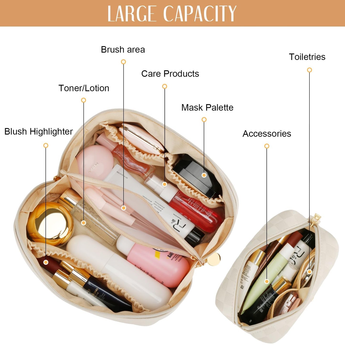 CLOUDWINGS Personalized Birthday Gifts for Women - Initial Makeup Bag Waterproof Travel Makeup Organizer with Compartments PU Leather Cosmetic Travel Toiletry Bag (CheckeredBeige,A)
