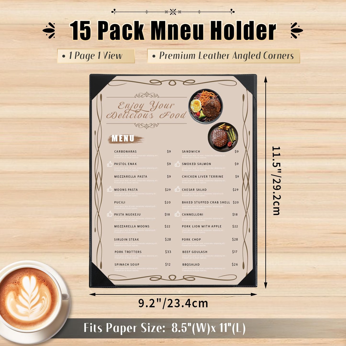 FLKQC 15 Pack Restaurant Menu Covers Holders 8.5" X 11", Single View Synthetic Leather Menu Holder Covers Book Style with Angled Corners Black for Wine List, Menu Sleeves Home Use (15, 1 Page)
