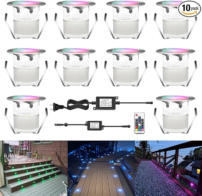 LED Outdoor Deck Lights Kits, RGB Φ1.18in Low Voltage 12V DC IP67 Waterproof, Remote Dimmable Multi Color Change, Electric Wired Recessed Stair Step Riser Landscape Lighting, 10 Pack Silver