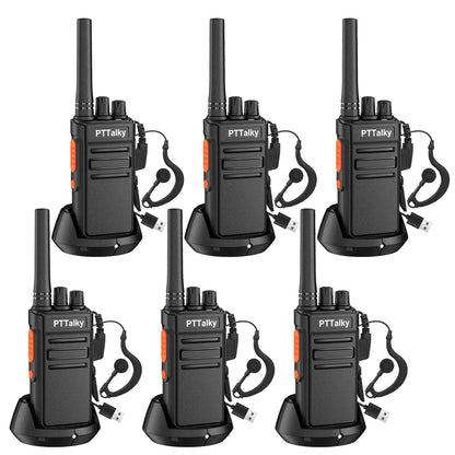 PTTalky FR1 Plus Walkie Talkies Long Range, Hidden Display Rechargeable 2 Way Radio for School Business Warehouse Restaurant (Black, 6 Pack)