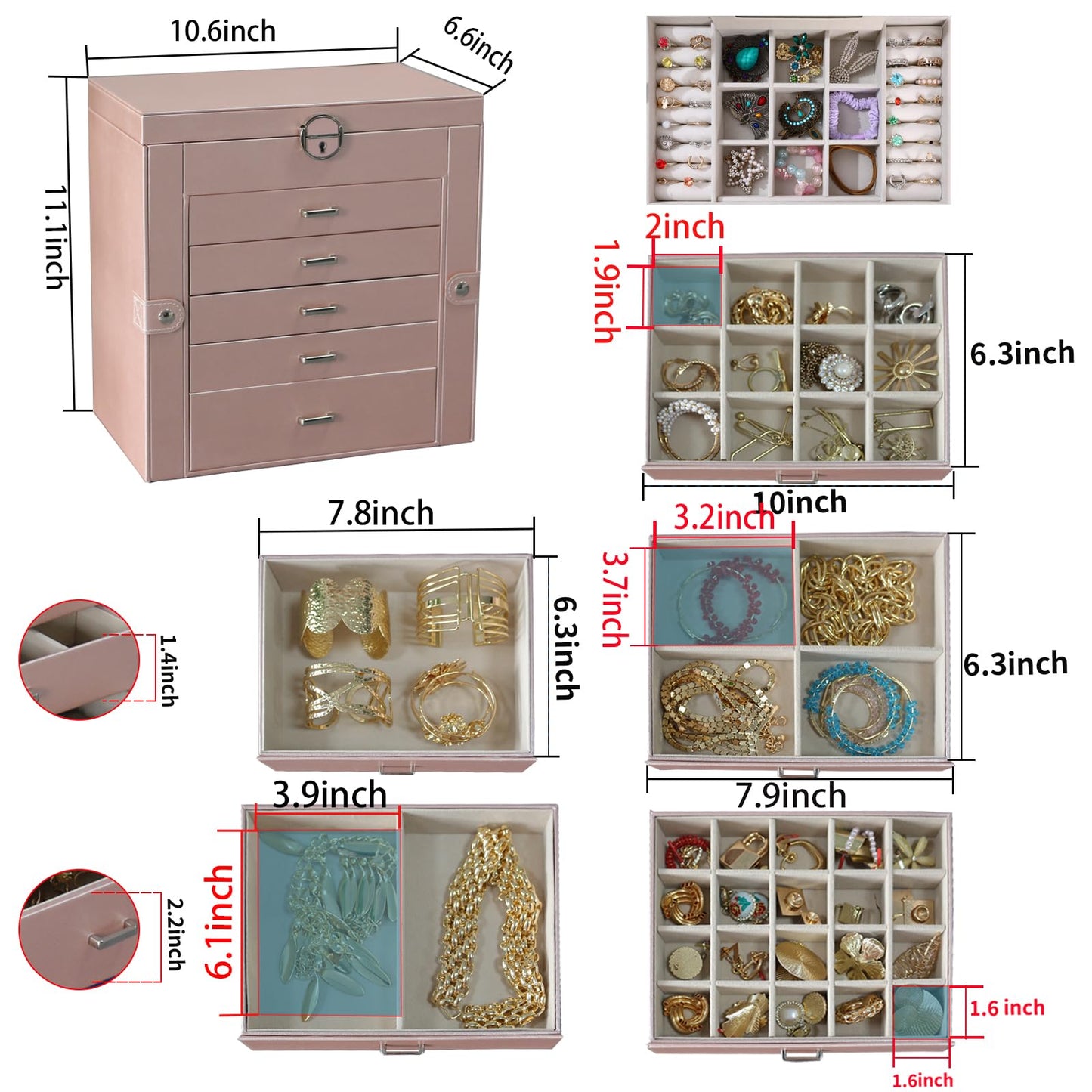 BOOVO Jewelry Box For women, 6 Layer Large Jewelry Organizer With Mirror, Multi-Function Storage Box With Lock, Accessory Holder With 5 Drawers, For Earrings Necklace Ring Bracelet (Rose Gold)