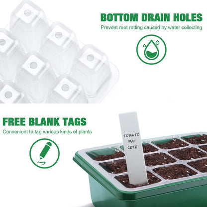 Delxo 10-Pack Seed Starter Kit Seedling Starter Tray (12 Cells) Humidity Adjustable Plant Germination Kit Garden Seed Starting Tray with Dome and Green Base Plus Plant Tags Hand Tool Kit