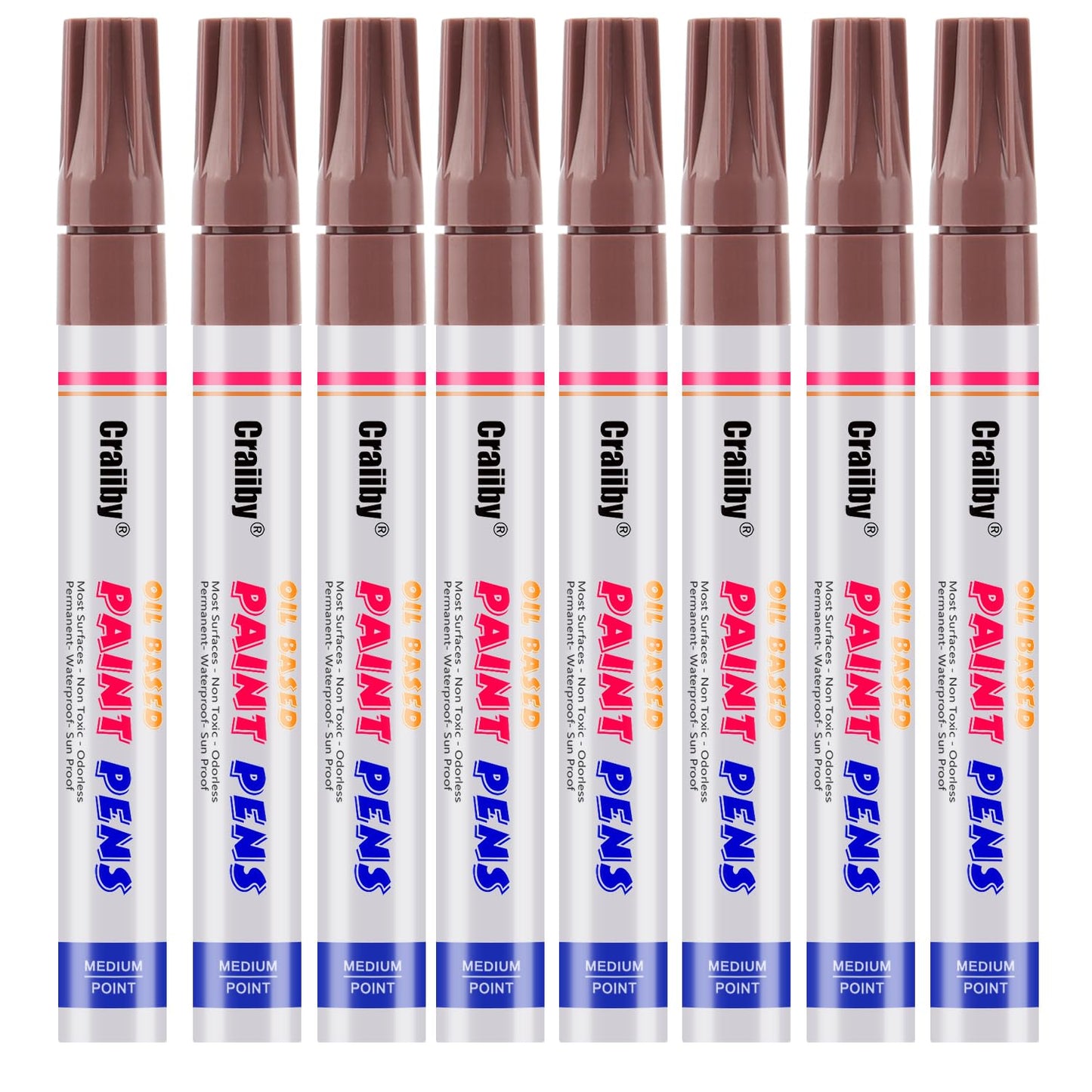 Brown Paint Markers, 8 Pack Oil-Based Waterproof Quick Dry Permanent Paint Pen Set for Rocks Painting, Wood, Fabric, Plastic, Canvas, Glass, Mugs, Metal, Tire, Stone, DIY Craft