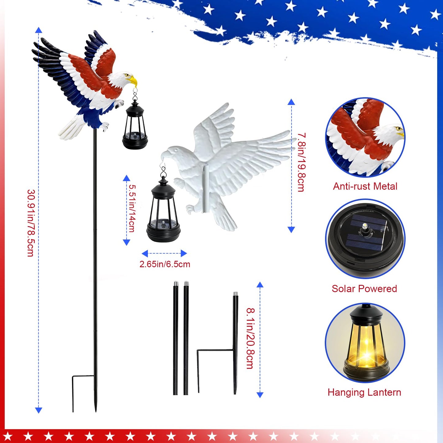 4th of July Decorations Solar Lights Outdoor, Patriotic American Eagle Hanging Lantern Waterproof, Metal Garden Decor for Independence Day Veterans Day Holiday Party Decoration Yard Patio Decor