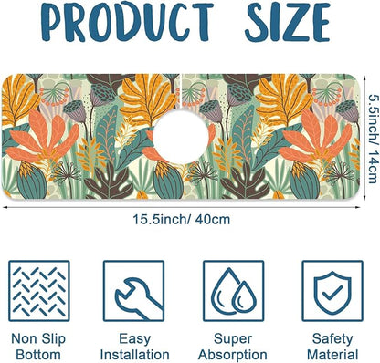 Abstract Leaves Sink Faucet Absorbing Mat Boho Leaves Super Absorbent Fast