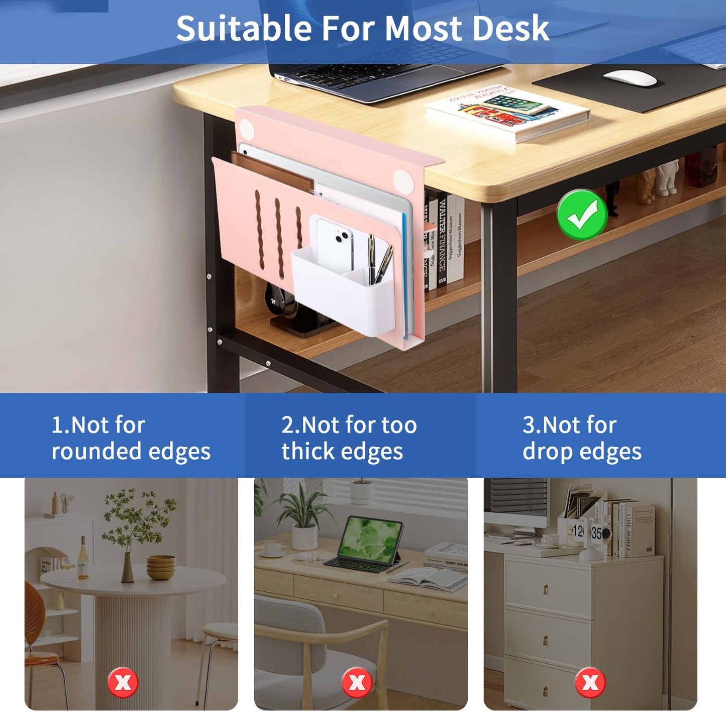LUKETURE Desk Side Storage, Steel Side Desk Organizer, No Drill Workspace Organizers, Clamp on Computer Desk Accessories, with Magnetic Pen Holder, Fits Flat Edge Tables 0.3" to 2.8"
