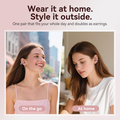 Kinglucky Jewelry-Inspired Clip-On Earbuds with Bow Earrings, Comfortable Fit & 50H Playtime Open Ear Bluetooth 5.4 Wireless Headphones for Women, Small Ears, Sports & Workouts (Pink)
