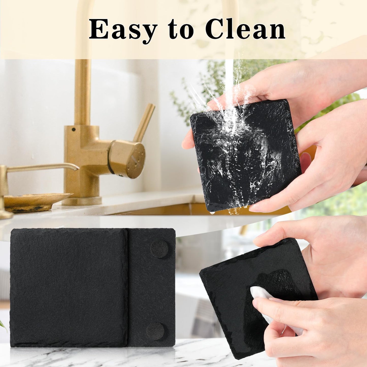 MAPRIAL Slate Drink Coasters with Holder, 4 Inch 12 Pieces Square Rustic Coasters Black Stone Coaster Set with Anti-Scratch Backing for Laser Engraving, Home Decor, Kitchen, Protect Table, Gifts