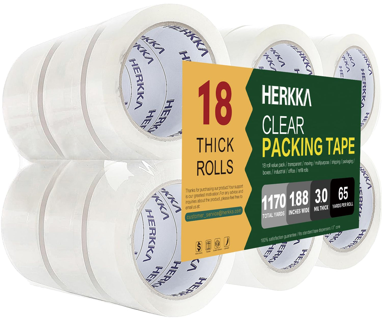 HERKKA Clear Packing Tape, 18 Rolls Heavy Duty Packaging Tape for Shipping Packaging Moving Sealing, 3 Mil Thick Clear Packing Tape, 1.88 inches Wide, 65 Yards Per Roll, 1170 Total Yards