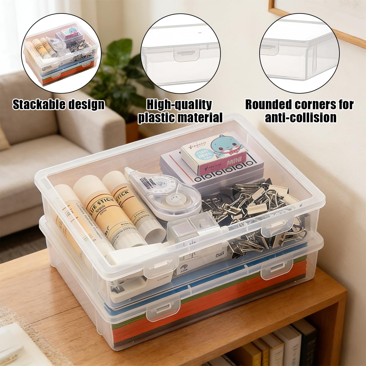 Odowalker 6 Pcs Clear Plastic Storage Box with Flap Lid, 9 x 6.7 x 2 Inch Art Supply Rectangular Containers Case, Multipurpose Craft Organizers for Notebooks, Beads, Pencils, Ornaments Accessories