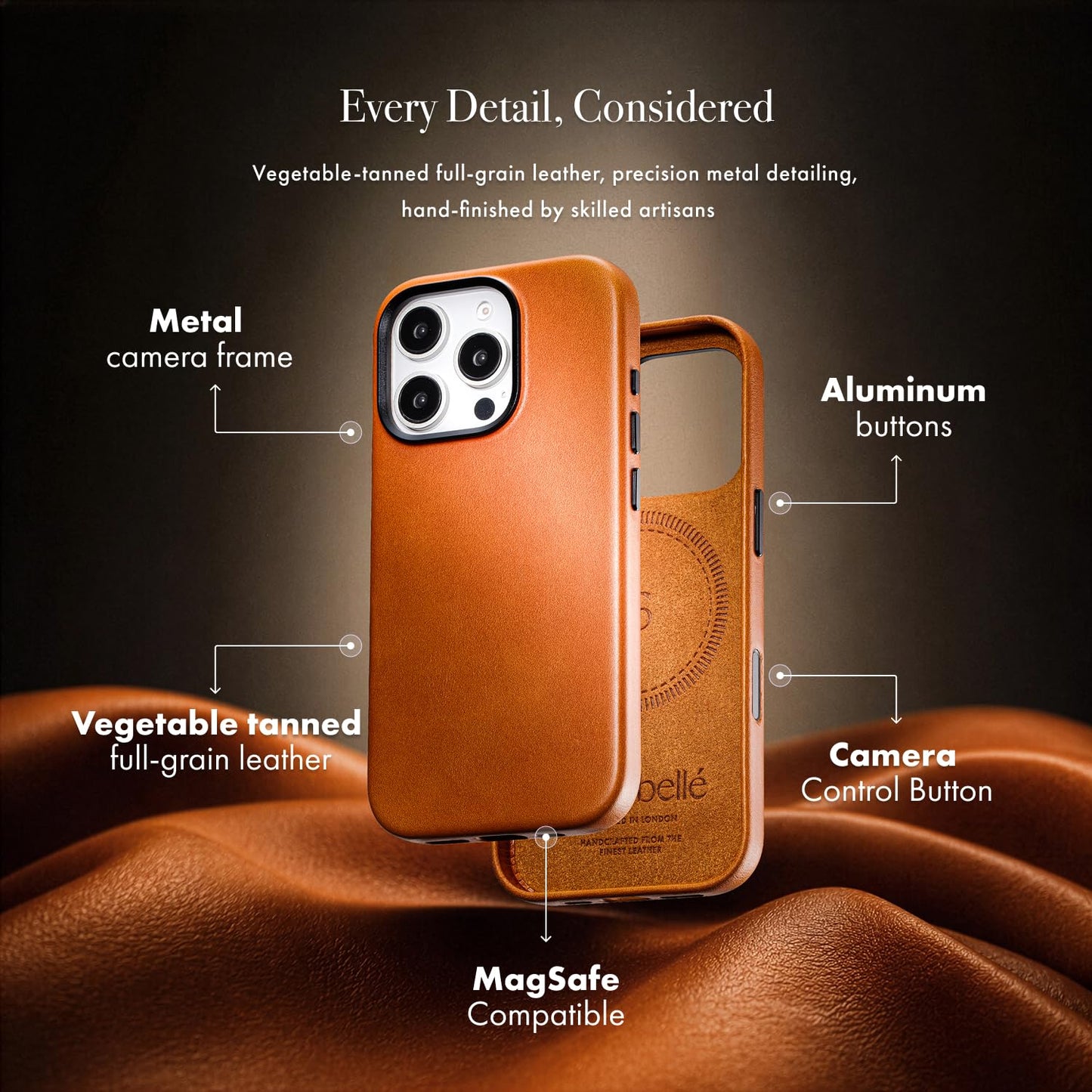 Casebelle Handcrafted Vegetable-Tanned Slim Leather Case for iPhone 16 Pro - [Built-in Camera Control] - Compatible with MagSafe - Raised Bezels, Natural Patina Over Time - Amber Brown