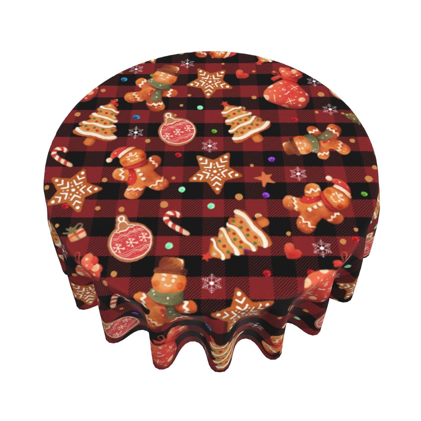 Giwawa Gingerbread Man Round Tablecloth for Kitchen Dining, 60Inch Christmas Cookies Balls Buffalo Plaids Table Cover, Winter Snowflakes Xmas Trees Table Cloth Washable for Holiday Party Decor