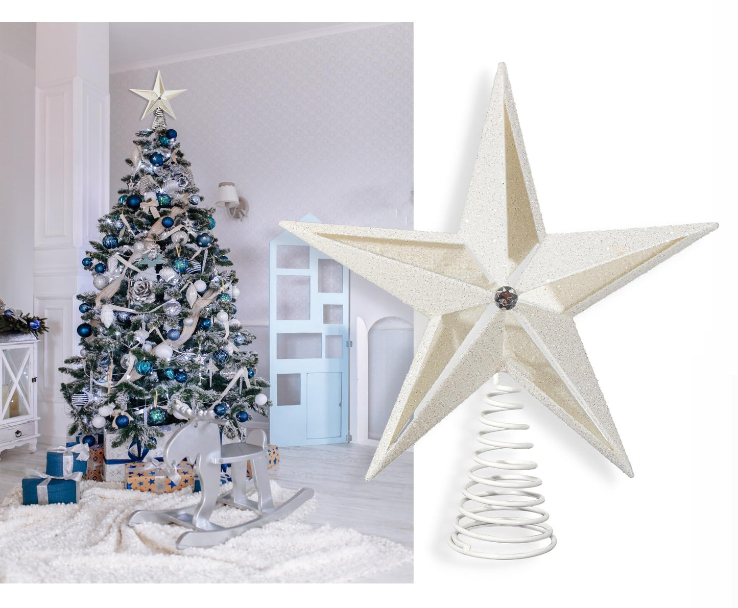 Christmas Traditions 10 inch Glittered Large Filigree Christmas Star Tree Topper Star for Large Tree 6 feet-8 feet Tall/Home Decor Ornaments (Platinum White)