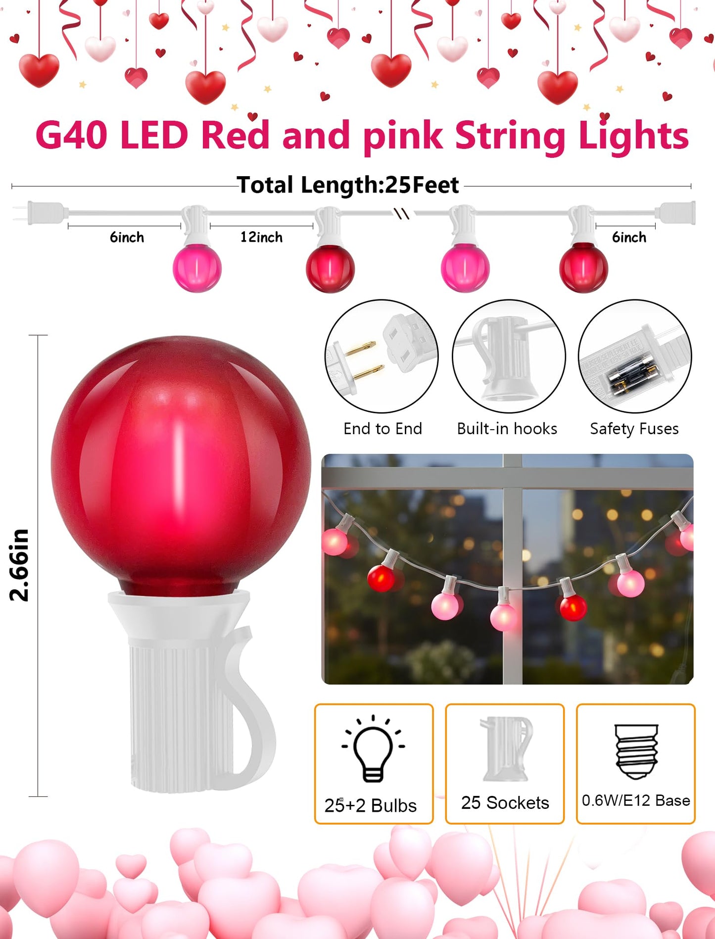 G40 LED Valentine’s Day String Lights, 25Ft Valentines Decorations Lights Outdoor with Frosted Red Pink Round Bulbs, Hanging Patio Lights Shatterproof for 4th of July Independence Day Patriotic Party