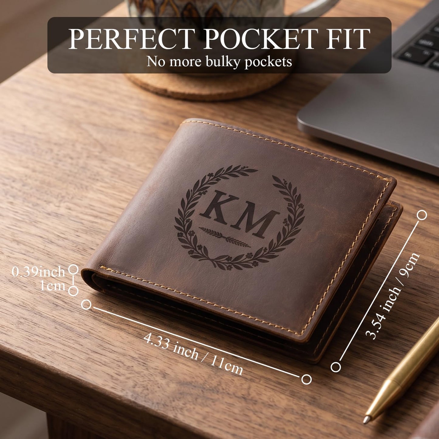 Alomce Personalized Wallet for Men, Custom Engraved Genuine Leather Wallets with Name Initials Pattern – Slim Bifold with 6 Card Slots, 2 Side Pockets & Cash Layer – Ideal Gift for Him Husband Dad