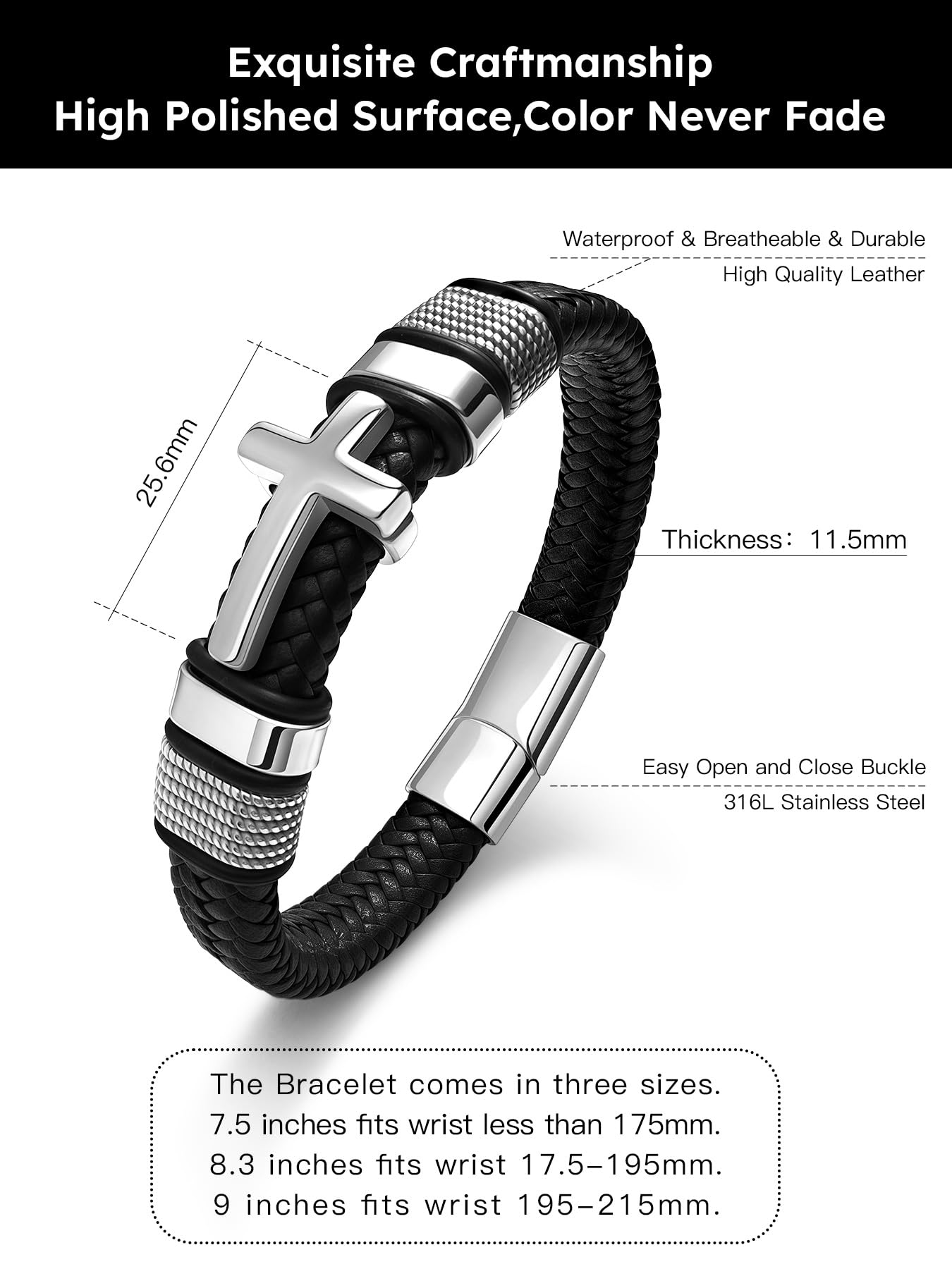 Hoyazvet Cross Cuff Bracelet for Men,Stainless Steel Braided Leather Bible Verse Bracelet with Inspirational Faith Gift for Dad,Brother,Son,family,Religious Baptism and Confirmation Gifts 8.3 Inch