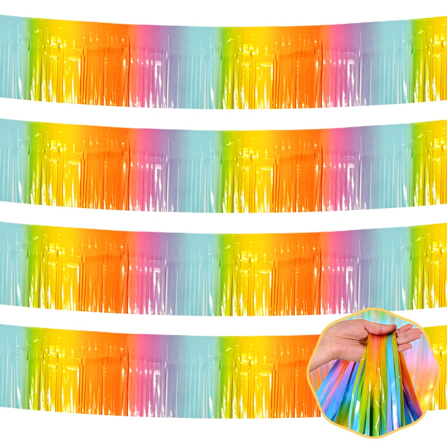4 Pack 10 Ft Light Rainbow Foil Fringe Garland Metallic Tinsel Streamers Banner Wall Hanging Curtain Backdrop for Parade Floats, Christmas Day, Thanksgiving Day, Halloween, New Year Party Decoration