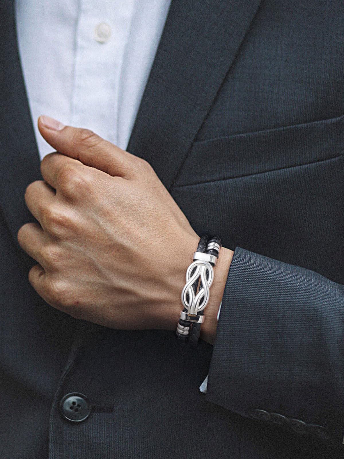 ChainsHouse Mens Leather Bracelet Idea Gift for Man Square Infinity Love Knot Braided Beaded Leather Cuff Bracelet 8.3 Inches Birthday Gifts for Men