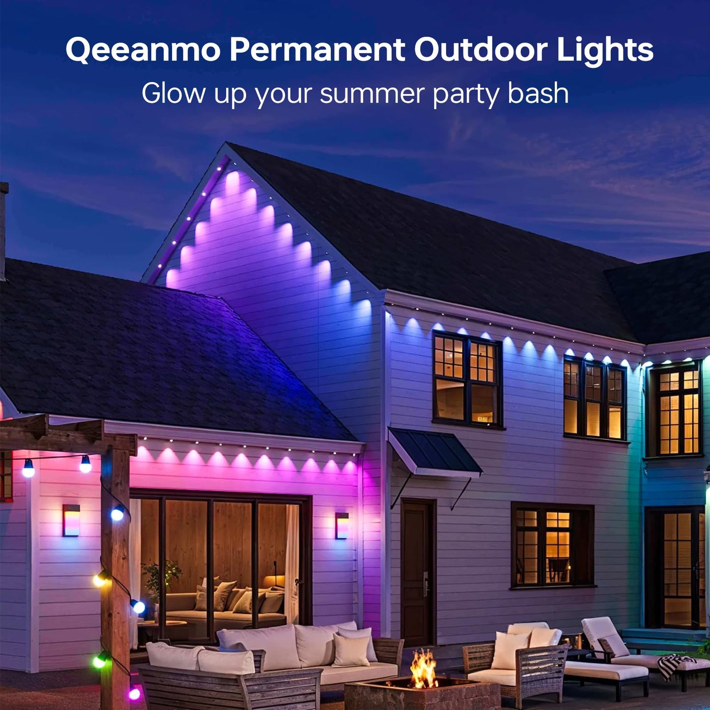 Qeeanmo Permanent Outdoor Lights for House, 120ft Smart RGB+IC Eave Light with APP & Remote Control, DIY Modes,IP67 LED Roof Lights for Holiday, Christmas, Halloween, Party Decor