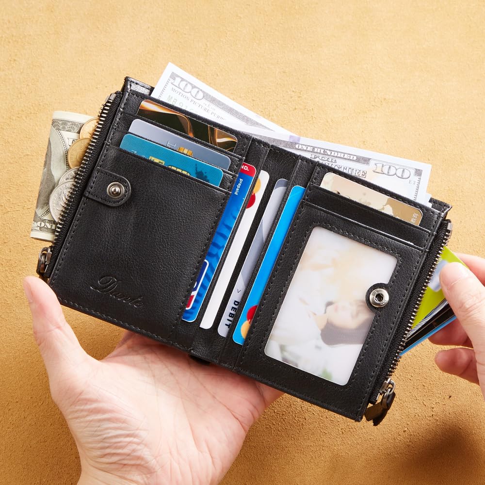 Wallet with Chain for Men Women Genuine Leather RFID Blocking Bi-Fold Wallet with Chain, Zip Coin Pocket, Credit Card Holder, Transparent ID Window for Driver License Biker Punk Hip Hop Style (Black)