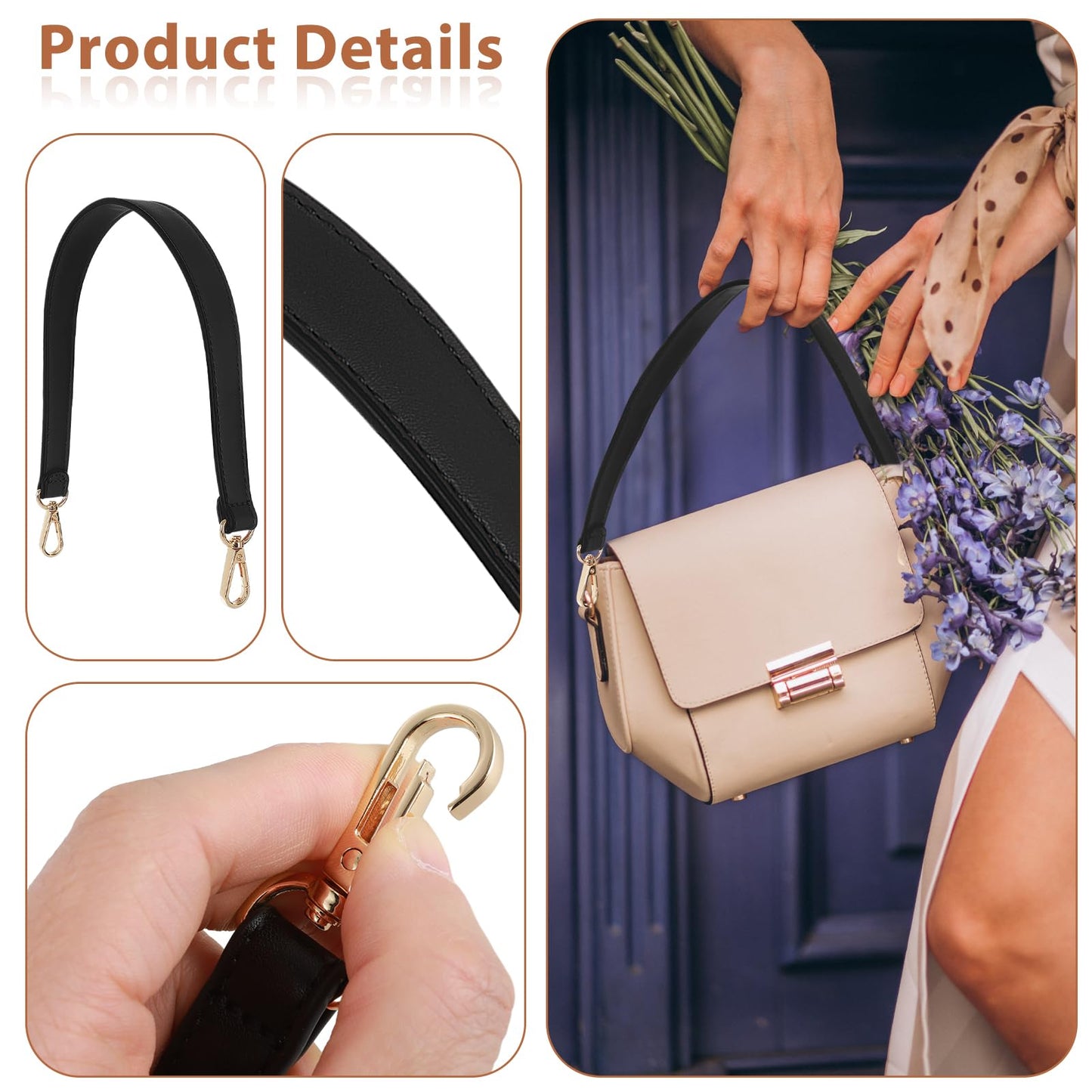Prasacco Black Leather Purse Strap Handle 19 Inch Bag Strap Replacement with Swivel Clasps, Short Style, Short Style, Please Confirm the Size Information