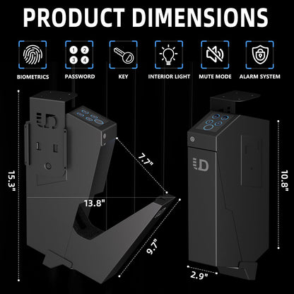 Urban Deco Gun Safe for Handgun Drop Down,Quick Access Pistol Safe Mounted Single Biometric Safes For Nightstand, Desk, Bedside,Vehicle Handgun Safe Auto Open - With Fingerprint, Pin Code, Key Access