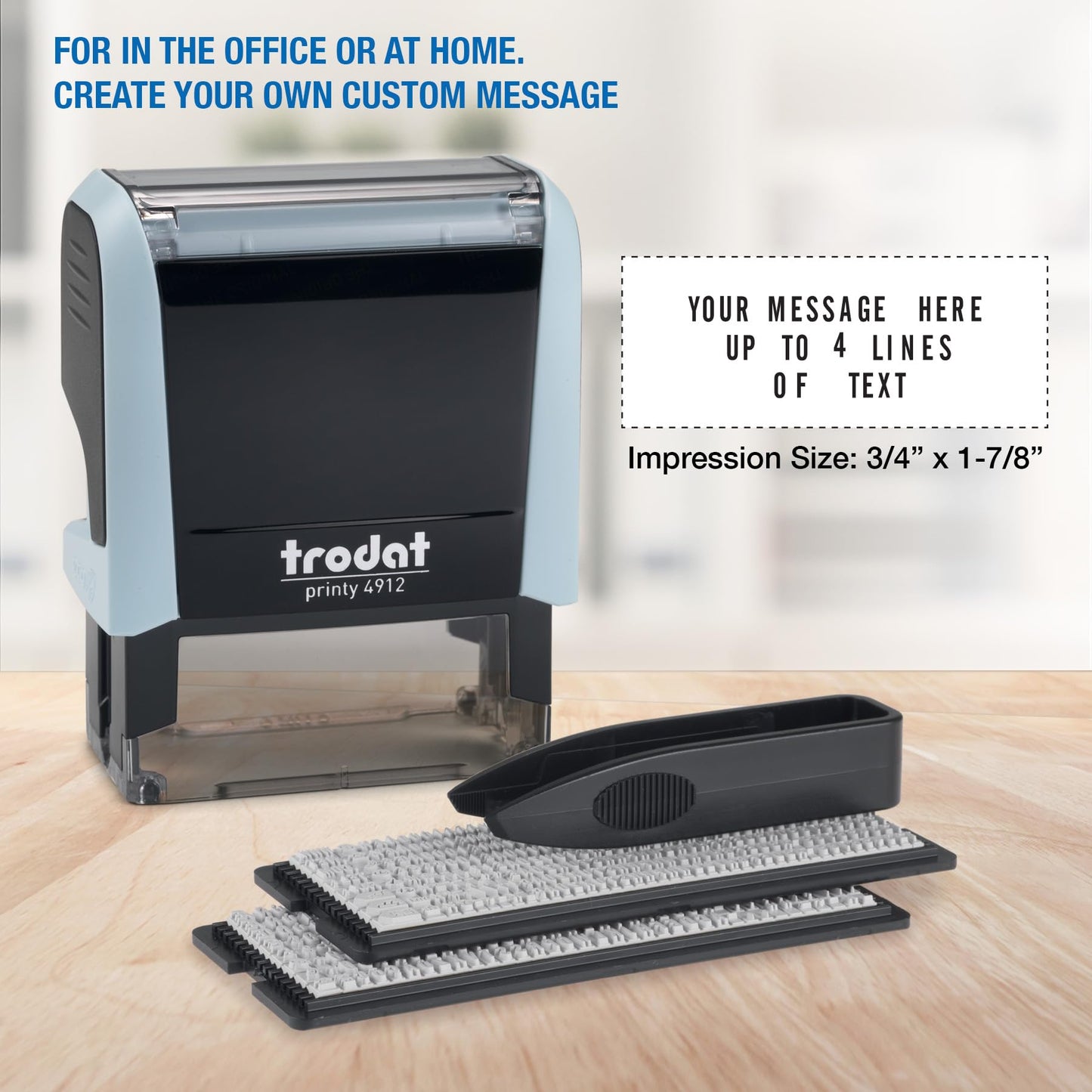 Trodat Printy 4912 Self Inking Do it Yourself (DIY) 4 line Personalized Custom Message or Address Stamp kit with Black Ink, Impression Size: 3/4” x 1-7/8” inch (Blue)