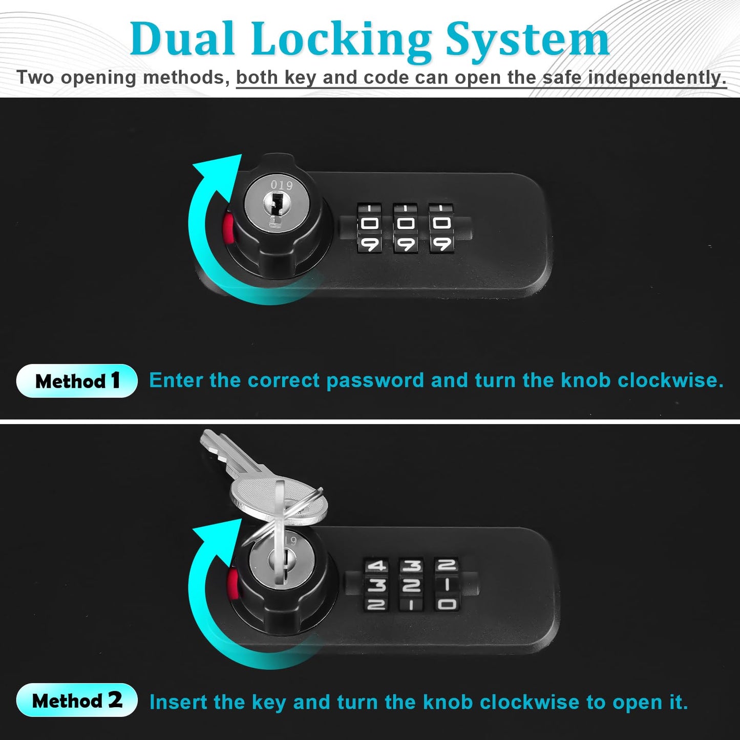 Dalmbox Portable Metal Safe Box with Dual Combination and Key Lock - Fire Resistant Storage for Documents, Car, Home and Outside - X Large 13.2"x 11"x 5.1" Black Box